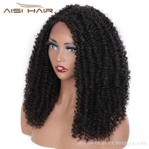 Aisi Hair Medium Long Afro Curly Fluffy Wig Natural Black Kinky Lace Frontal Wig Synthetic Lace Front Hair Wigs For Black Women